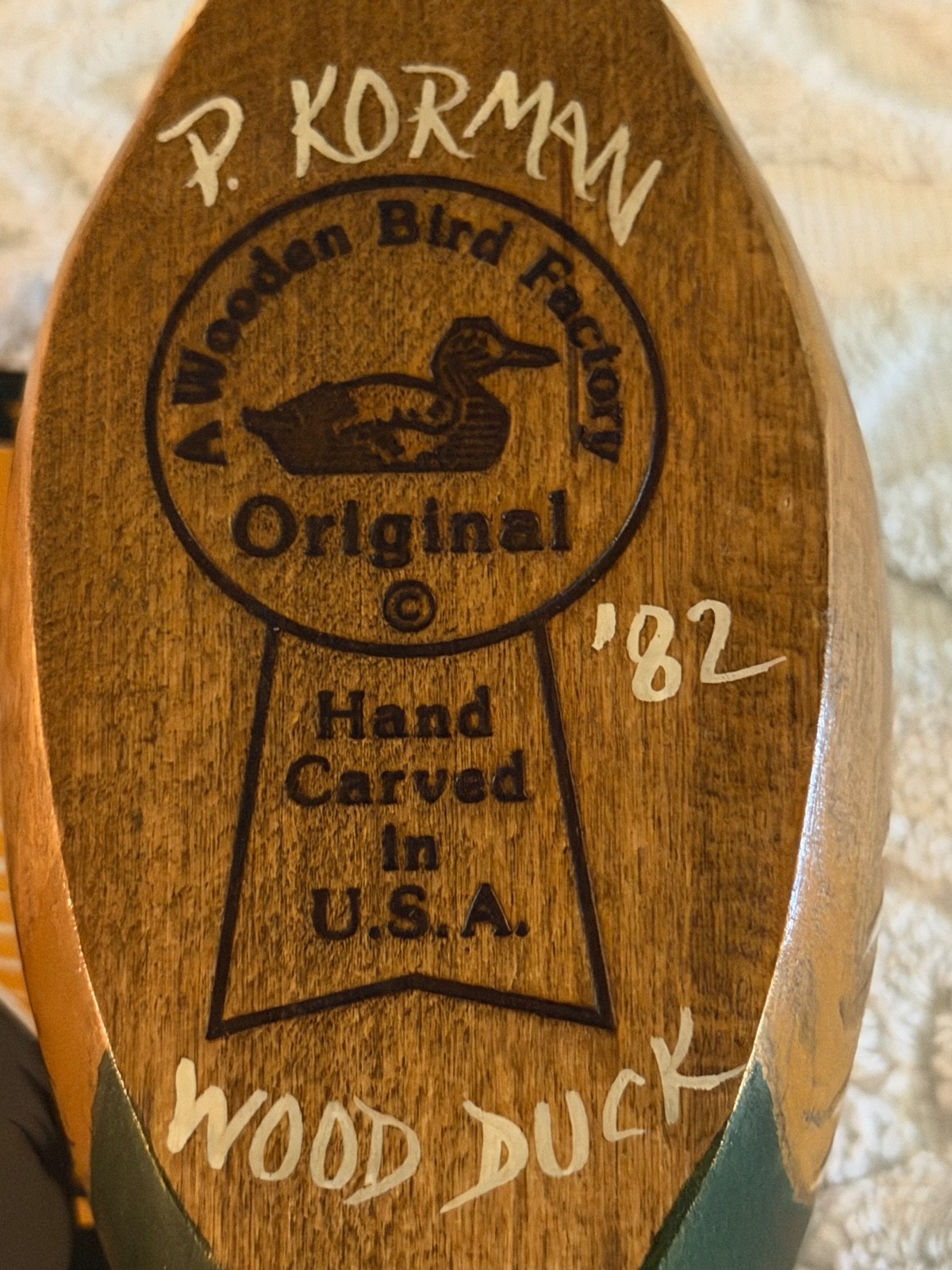 A Wooden Bird Factory Small Hand Carved WOOD DUCK Signed P Korman ‘85