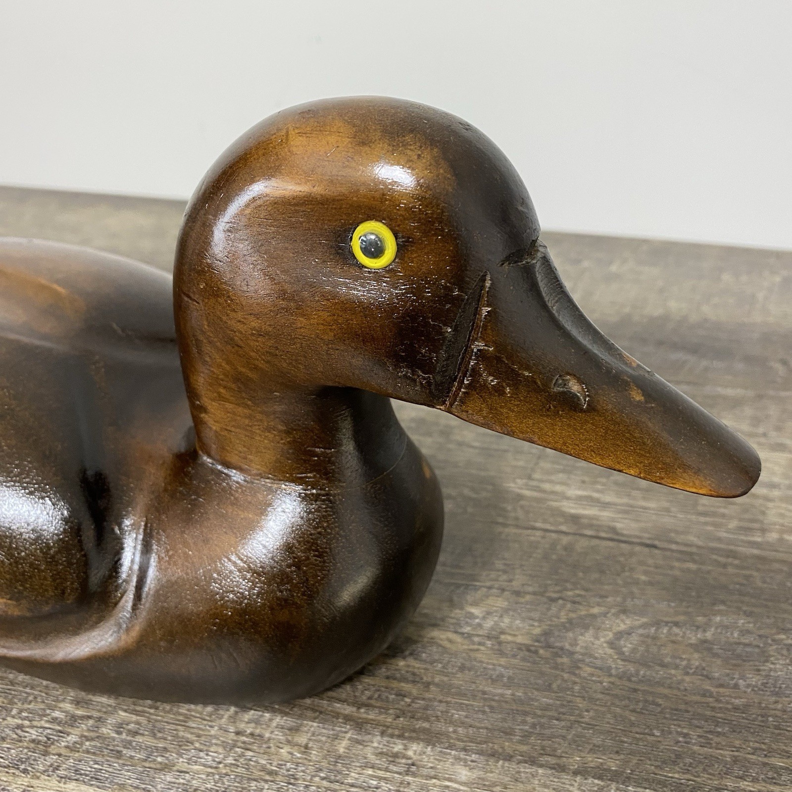 Vintage Pair of Hand Carved Wood Duck Decoys Brass Bill Folk Art Brown 15” & 12”