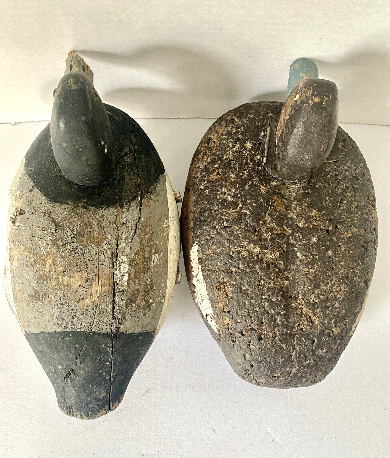 Vintage Scaup Duck Decoy Pair, Keel & Weight on Base, 1 Wood Body & 1 Cork Body
