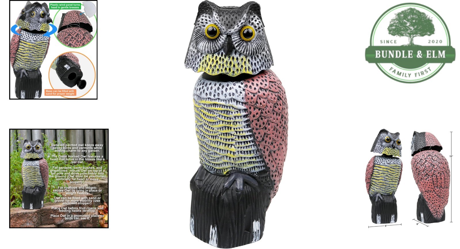 Realistic Waterproof Owl Decoy with Rotating Head – 16.5″ Bird Scarecrow