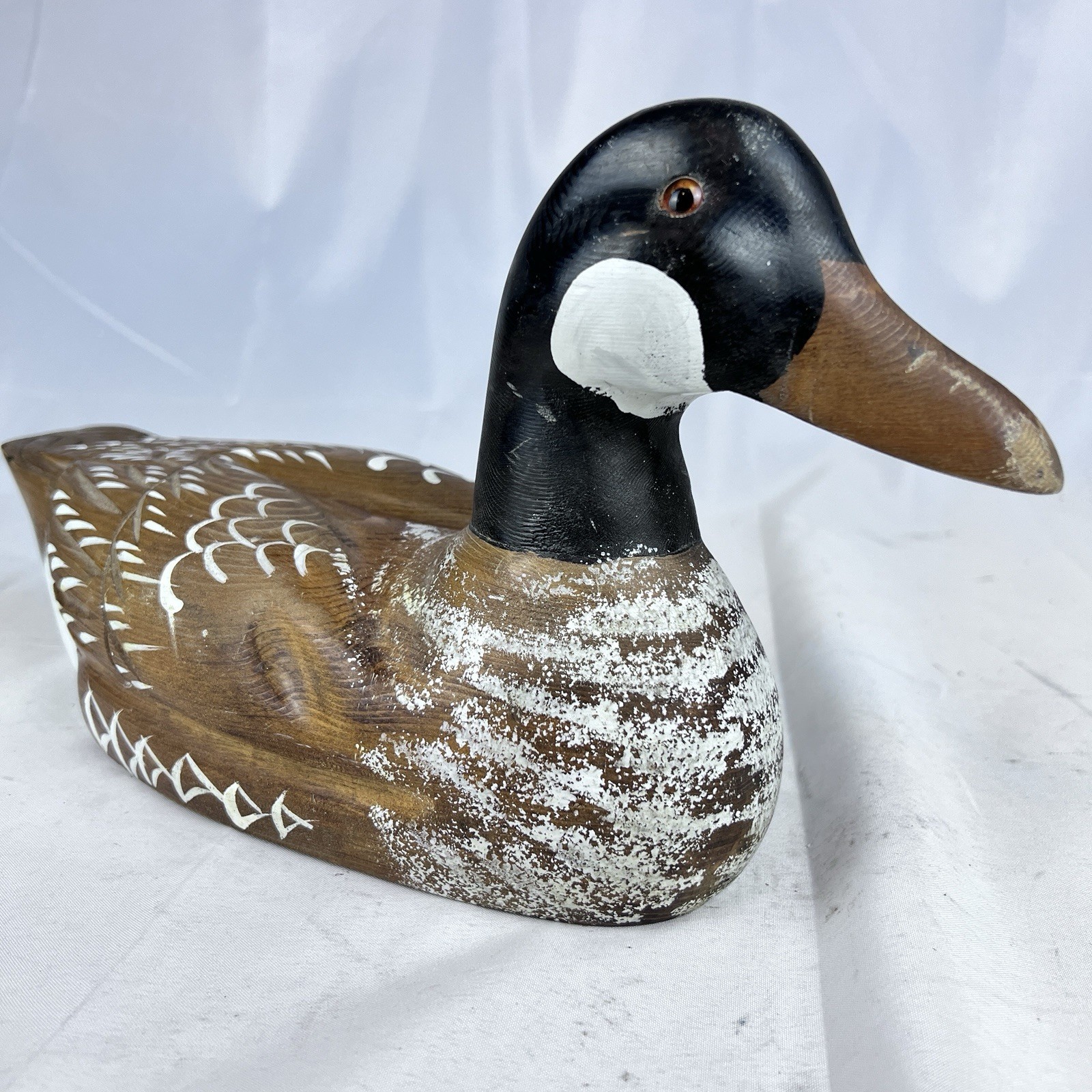Vintage Hand Carved & Painted 14” Wooden Canadian Goose Decoy With Glass Eyes