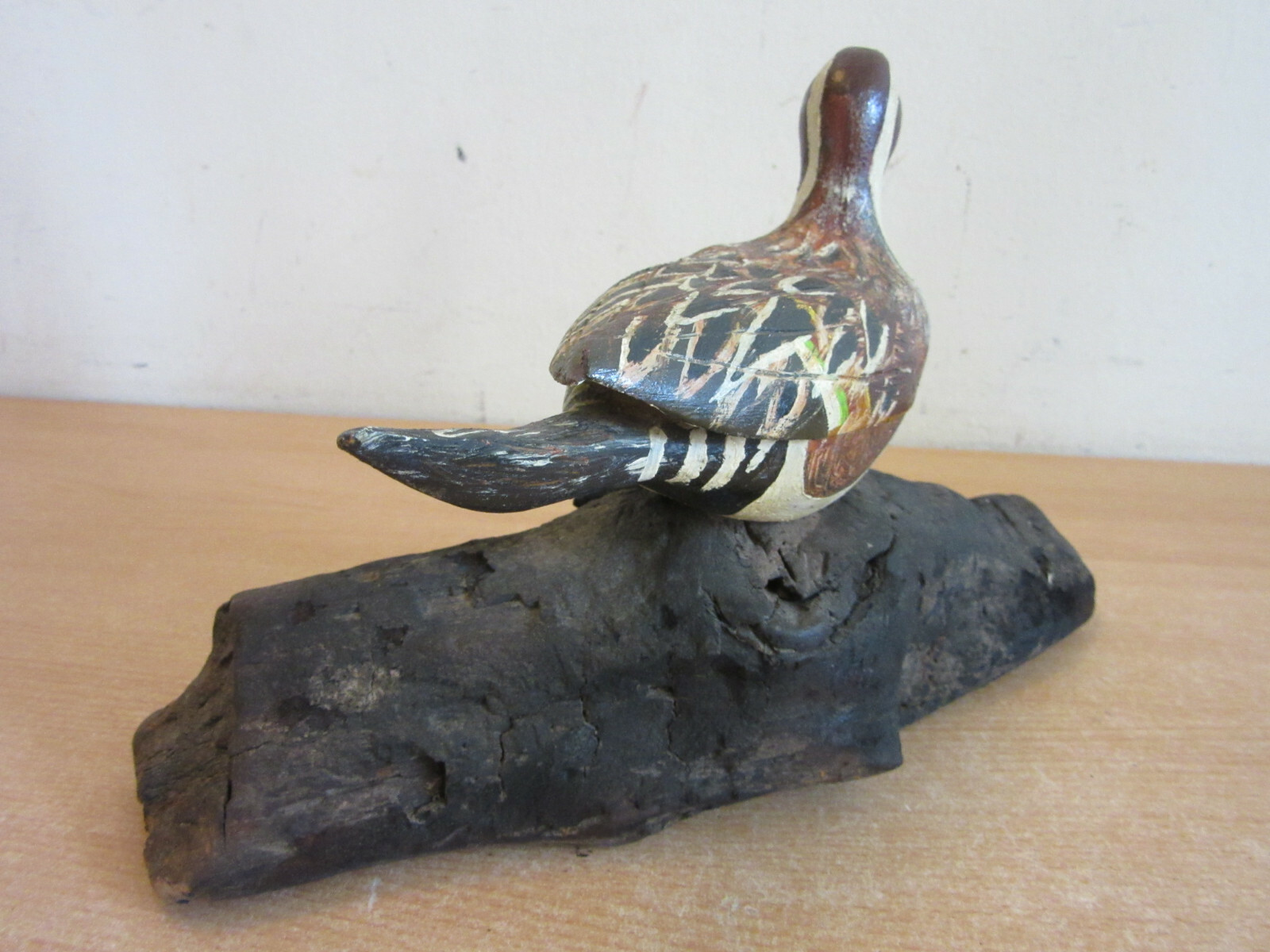 Vintage painted Duck Decoy hand made wood carving folk art on drift wood