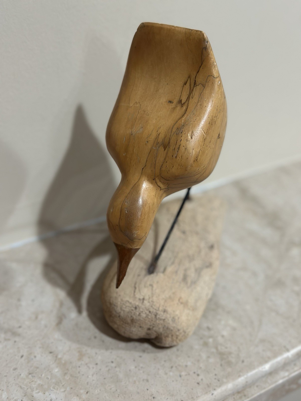 Shorebird Decoy On Driftwood Hand Carved Painted Vintage Antique Bird Statue
