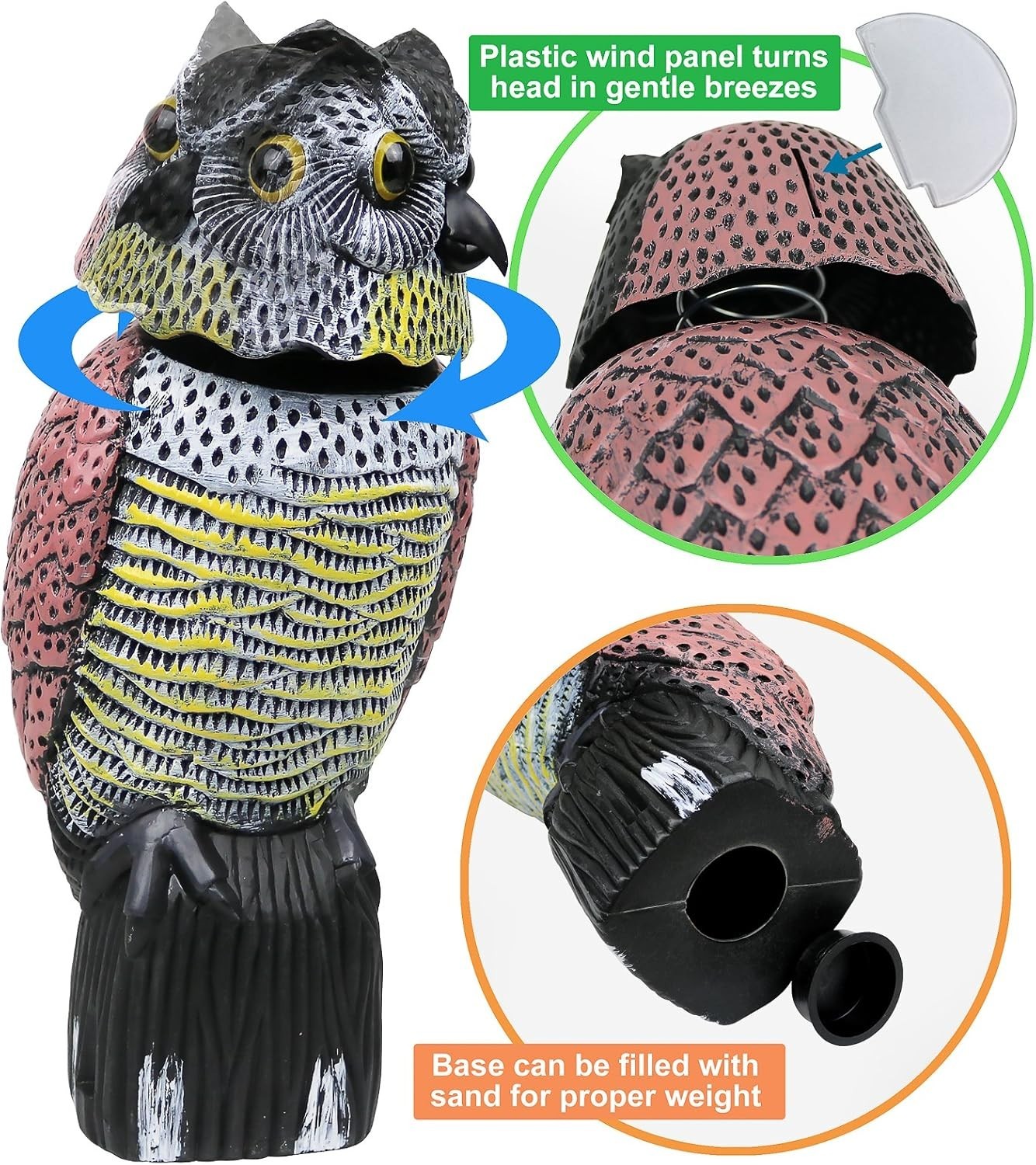 Realistic Waterproof Owl Decoy with Rotating Head – 16.5″ Bird Scarecrow
