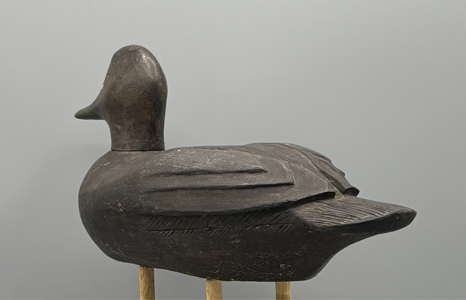 *QUEBEC* ORIGINAL PAINT BLACK DUCK VINTAGE DECOY DUCK *RAISED WING & FTHR CARVNG