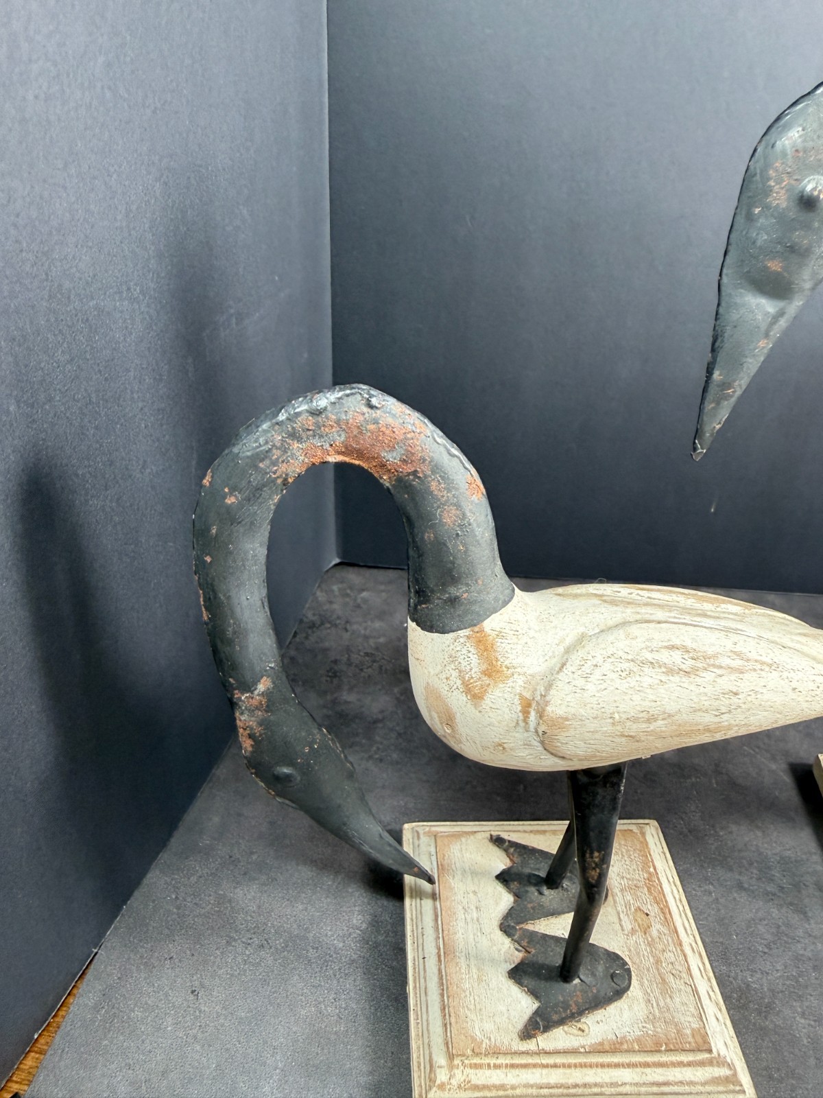 Hand Carved Wooden Shorebirds / Canadian Geese W/ Metal Accents Set of 3 White