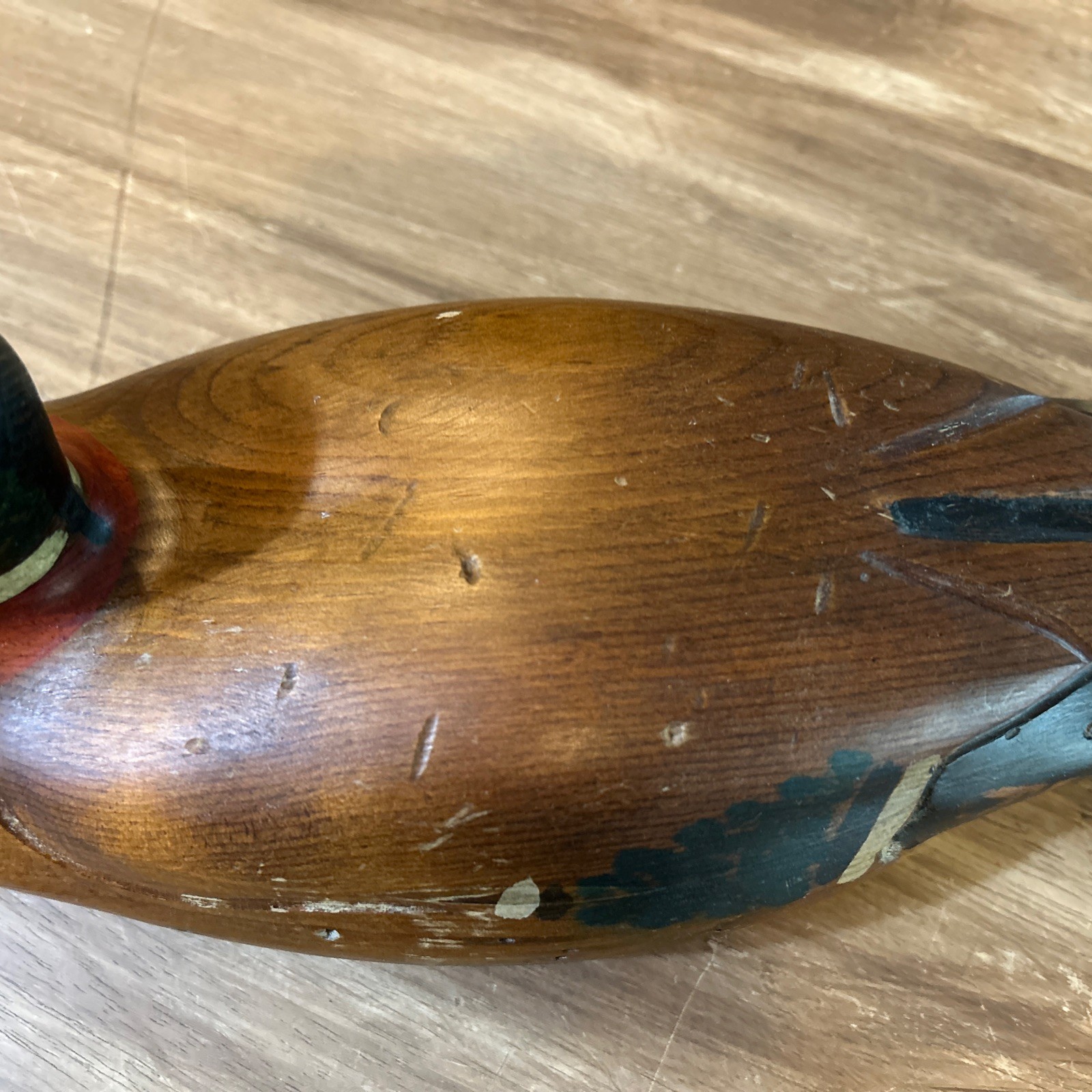 VINTAGE TOM TABER CARVED WOODEN DUCK DECOY – 15.5” LONG MALLARD DRAKE