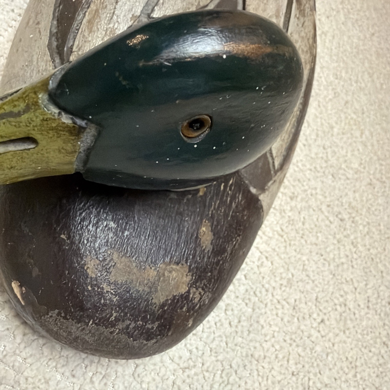 Vintage Hand Carved Mallard Drake Duck Decoy Swivel Head Glass Eyes 14.75”