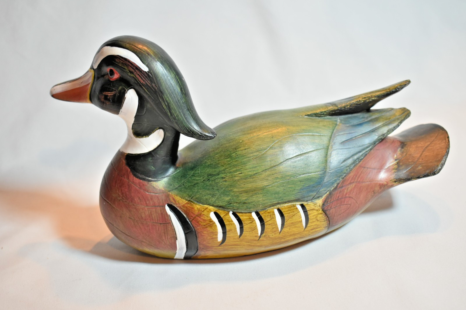 Unsigned Hand-Carved & Hand-Painted Wooden Wood Duck Drake Decoy, 10 In