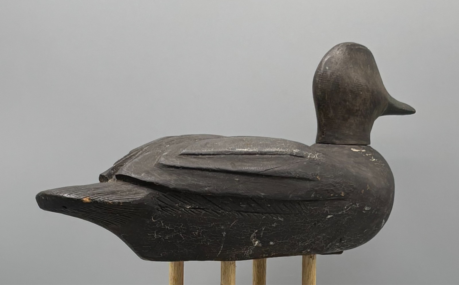 *QUEBEC* ORIGINAL PAINT BLACK DUCK VINTAGE DECOY DUCK *RAISED WING & FTHR CARVNG