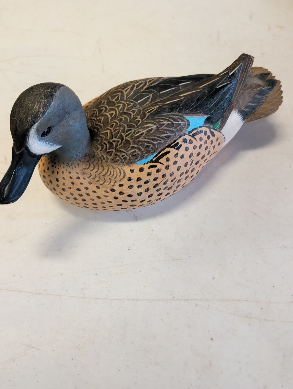 Blue Winged Teal Decoy. Chipped Tail Feather