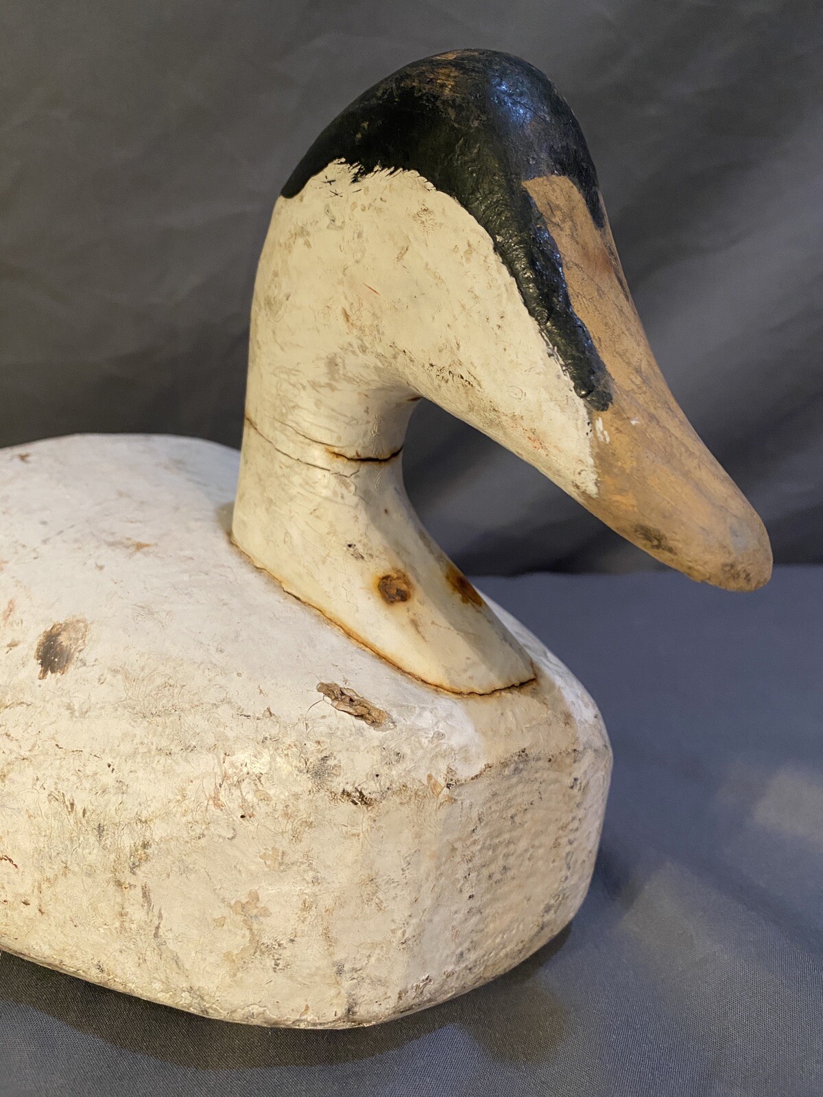 Carved Eider Duck Decoy, 2 Leather Tie Loops on Base, Original Paint, Unsigned