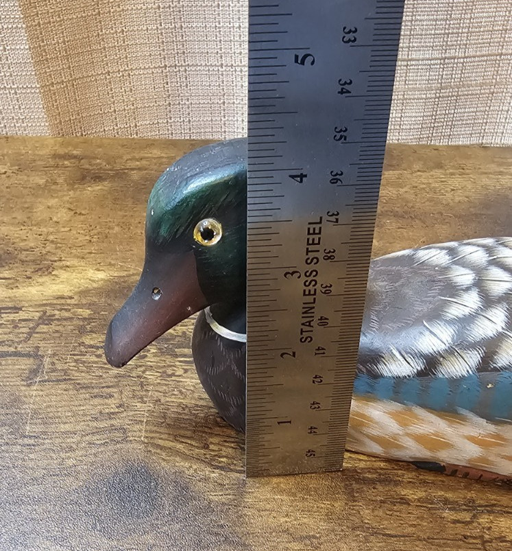 Wooden Duck Decoy 10″ Home Decor China Painted Carved Wood Glass Eyes