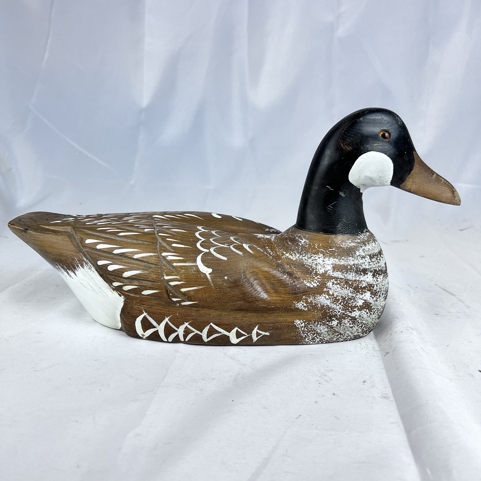 Vintage Hand Carved & Painted 14” Wooden Canadian Goose Decoy With Glass Eyes