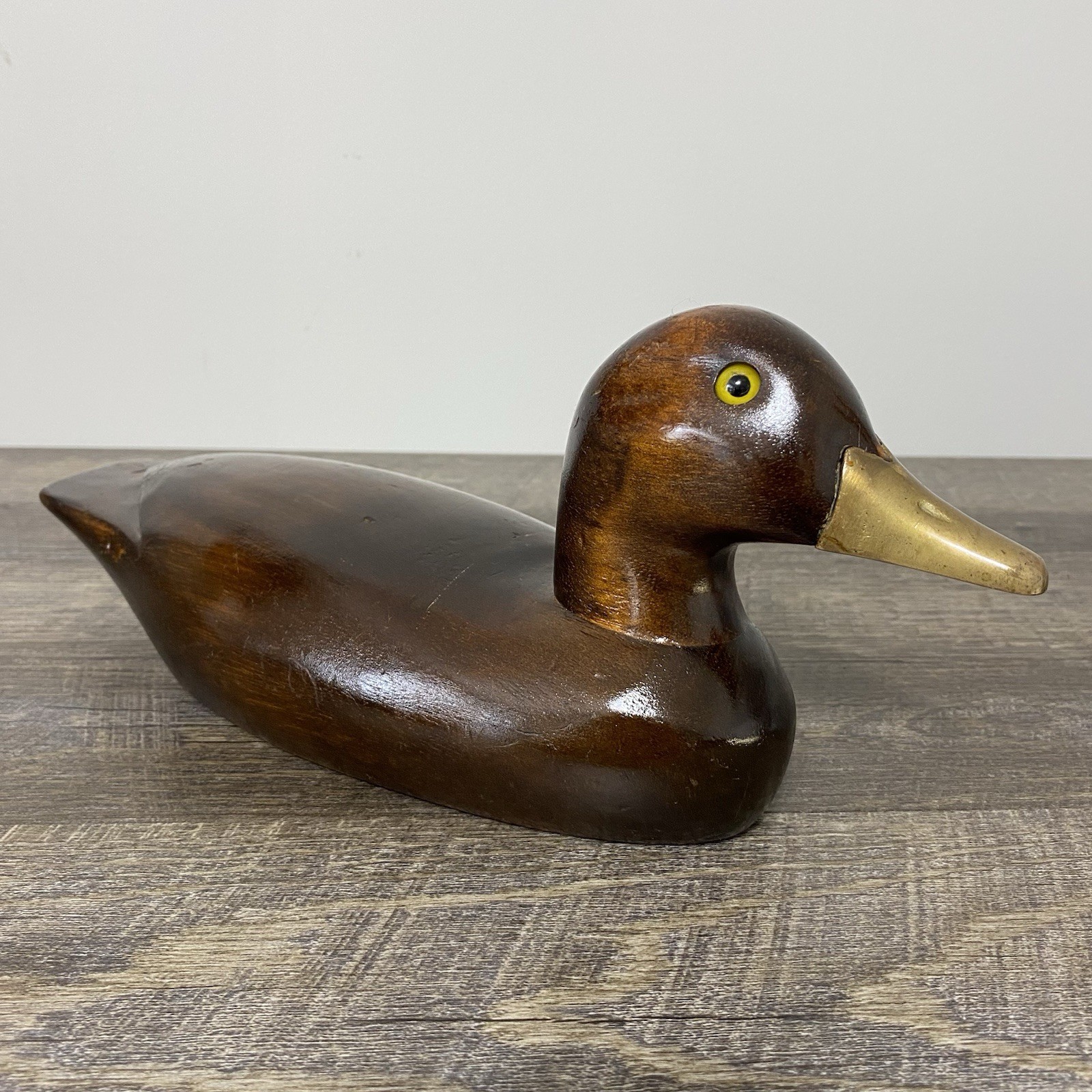 Vintage Pair of Hand Carved Wood Duck Decoys Brass Bill Folk Art Brown 15” & 12”