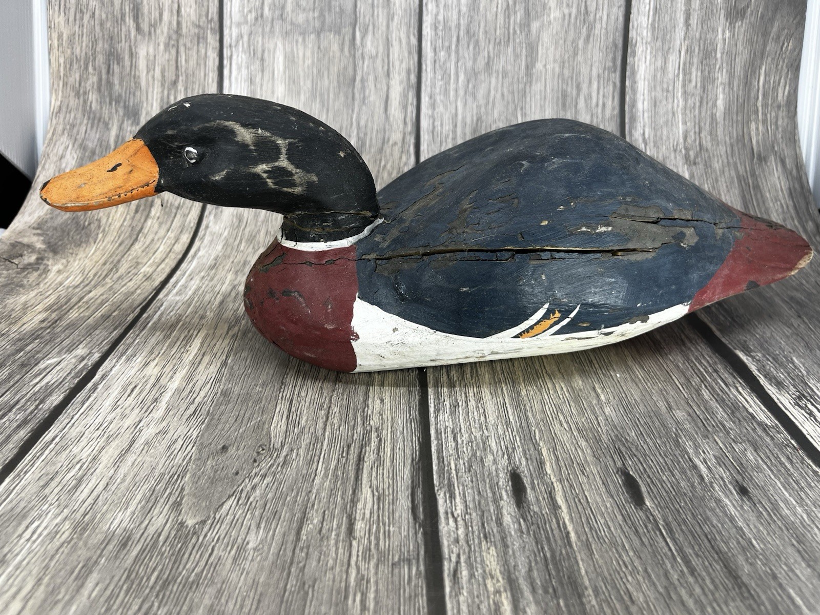 Folk Art Hand Painted Wood Duck Decoy VTG has age and chipped Paint