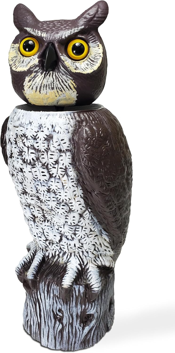 Large Rotating Head Fake Owl Decoy to Scare Birds Away 18” Tall Garden Scarecrow