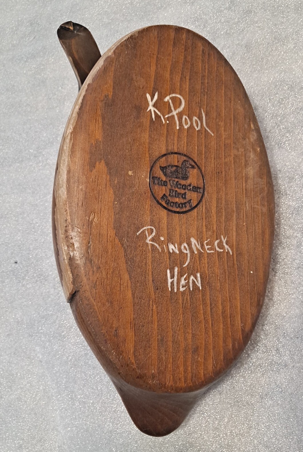 Vintage Wooden Bird Factory Carved 12″ Ringneck Hen Collectible Signed K. Pool