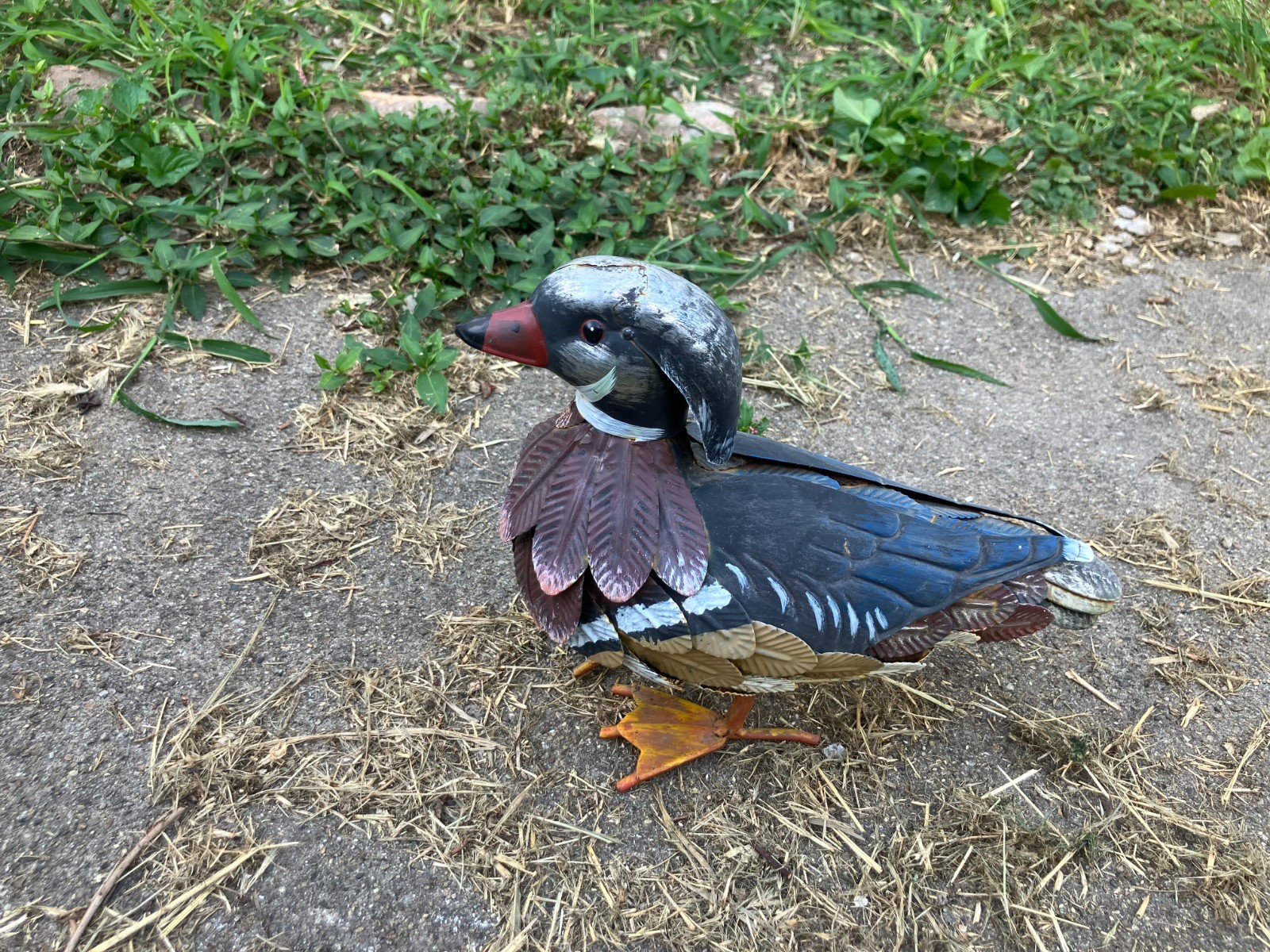 Vintage Metal Duck Decoy Male Mandarin Metal Wings 11 in tall Primitive Rare!