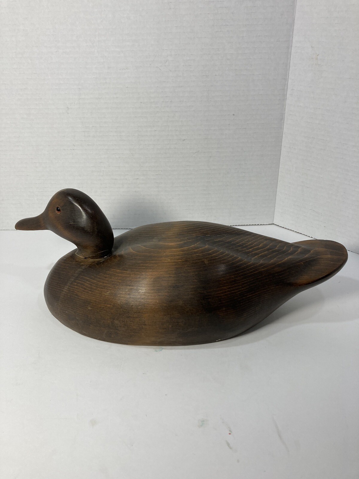 Vintage Hand Carved Solid Wood Duck Decoy-15” x 7”-Natural Dark Stain-Glass Eyes