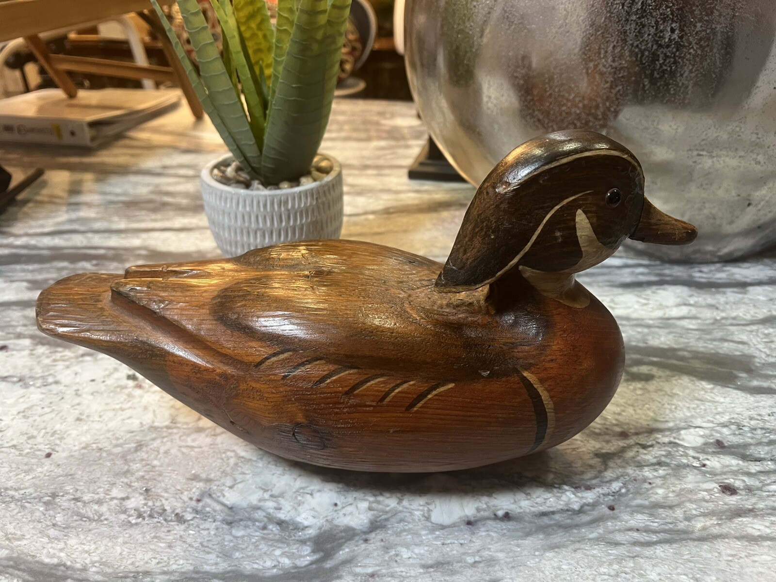 R.d Lewis Wood Decoy Duck Craving 7-6-1979 good condition. vintage Collectible