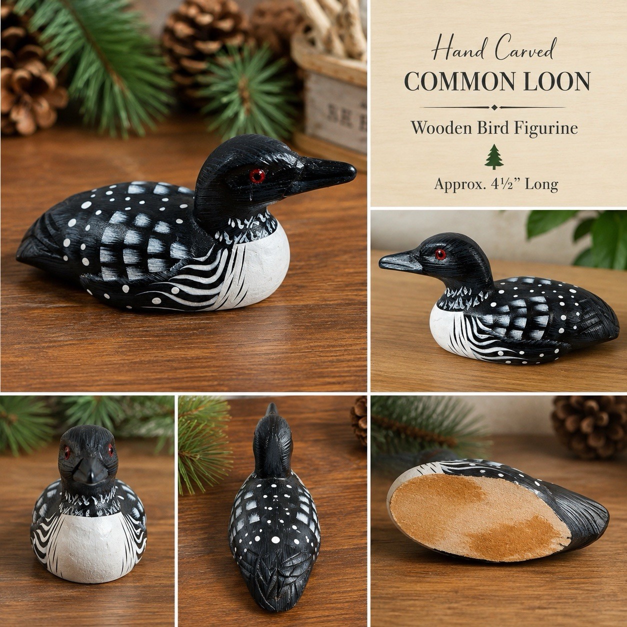 Vintage Hand Carved Common Loon Wooden Bird Decoy Figurine Folk Art 4.5”