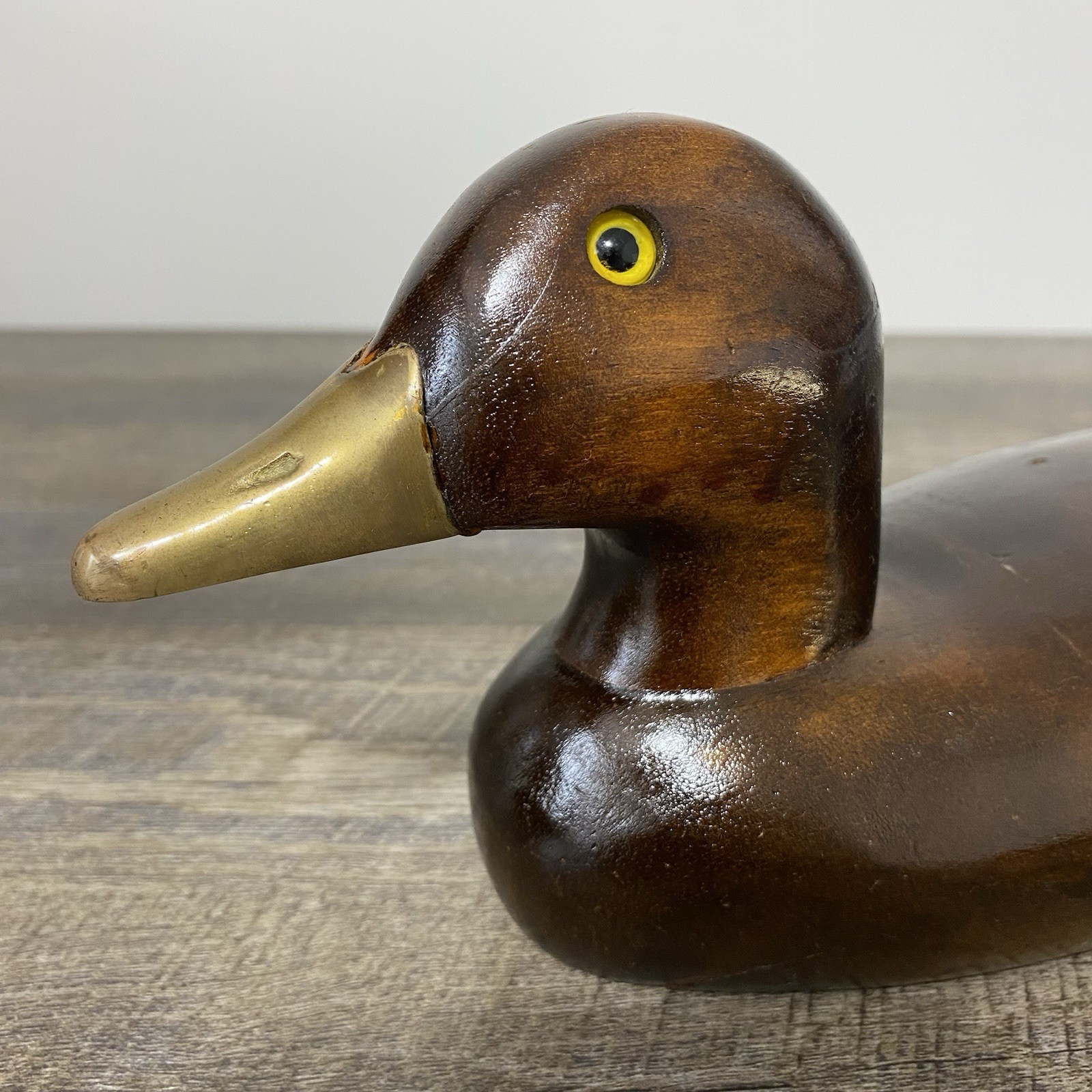 Vintage Pair of Hand Carved Wood Duck Decoys Brass Bill Folk Art Brown 15” & 12”