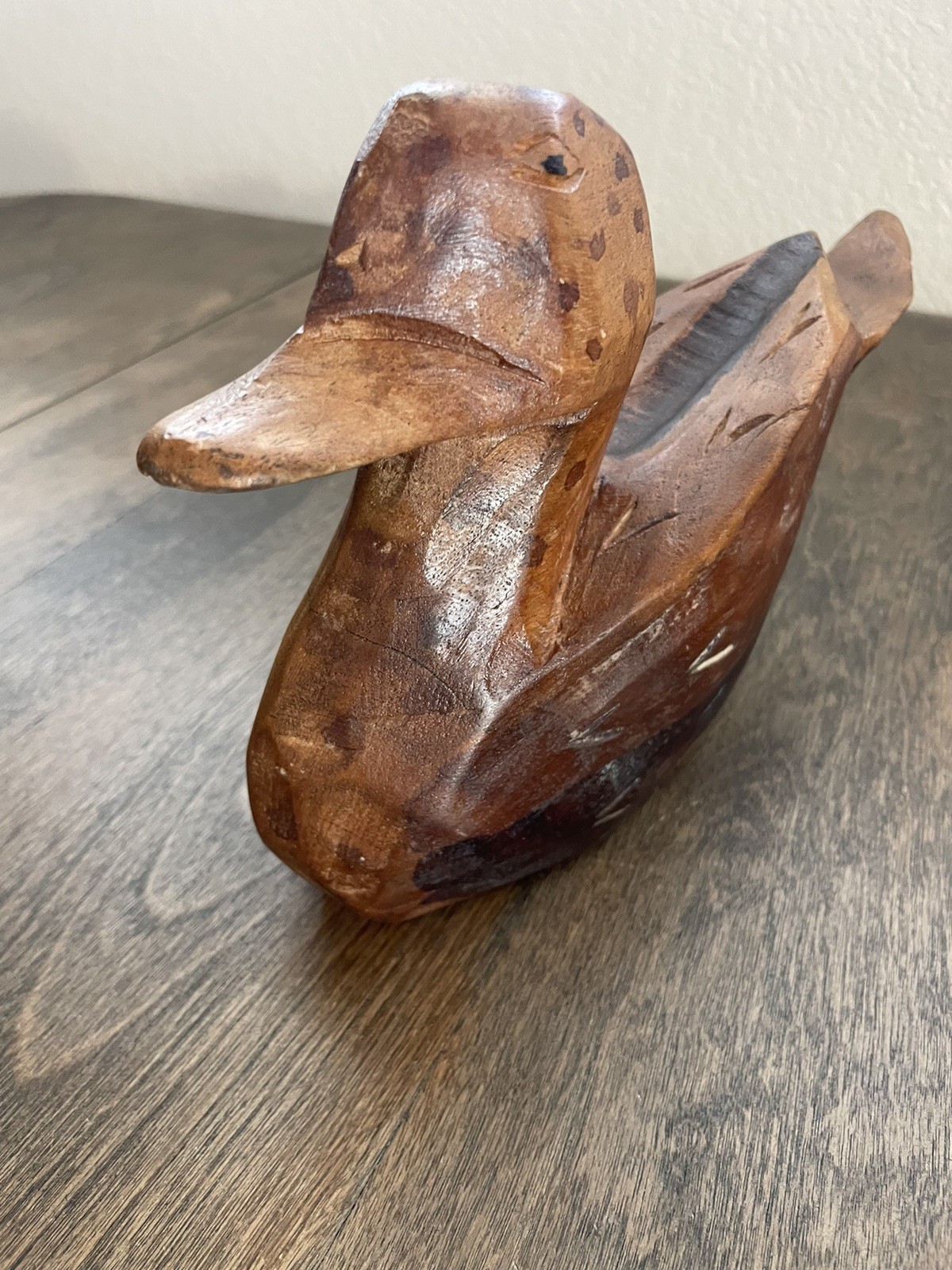 Solid Wood Duck Decoy Handmade & Carved Gorgeous Details 9” Long Wood Duck Decor