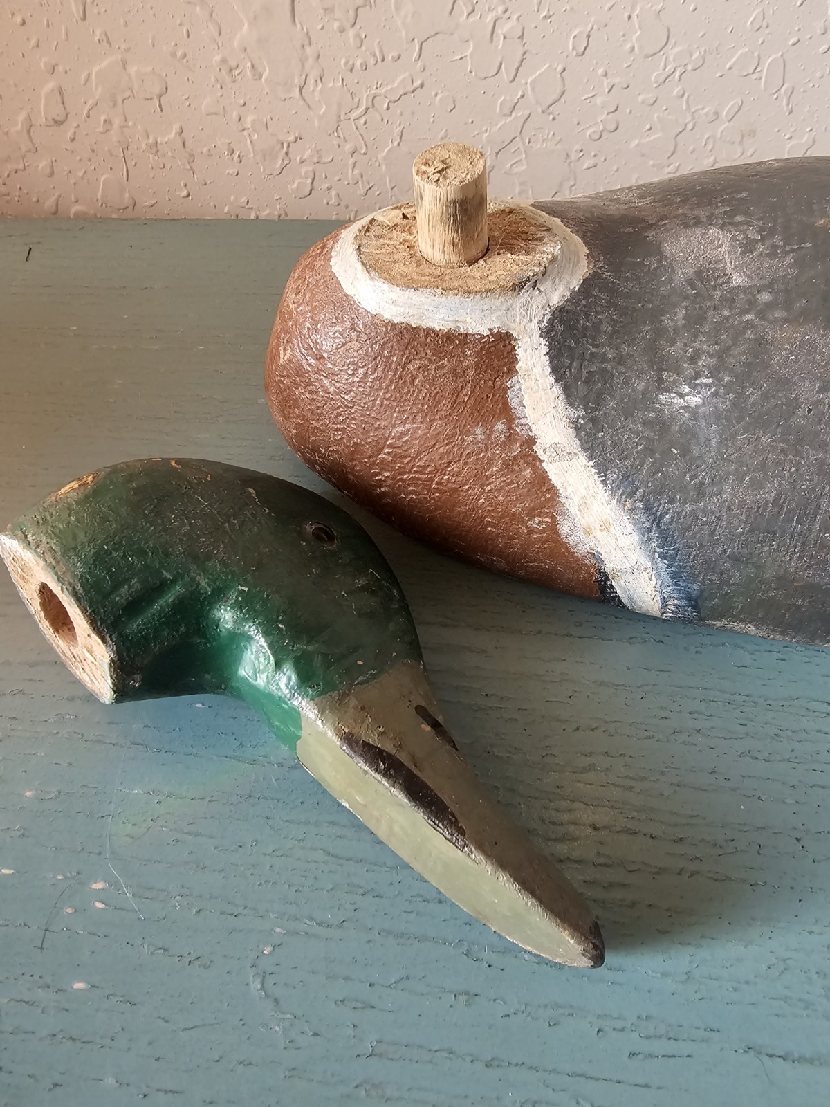 Antique HandCarved Mallard Duck Decoy W/Iron Weight, Swivel Dowel Head-Very Good