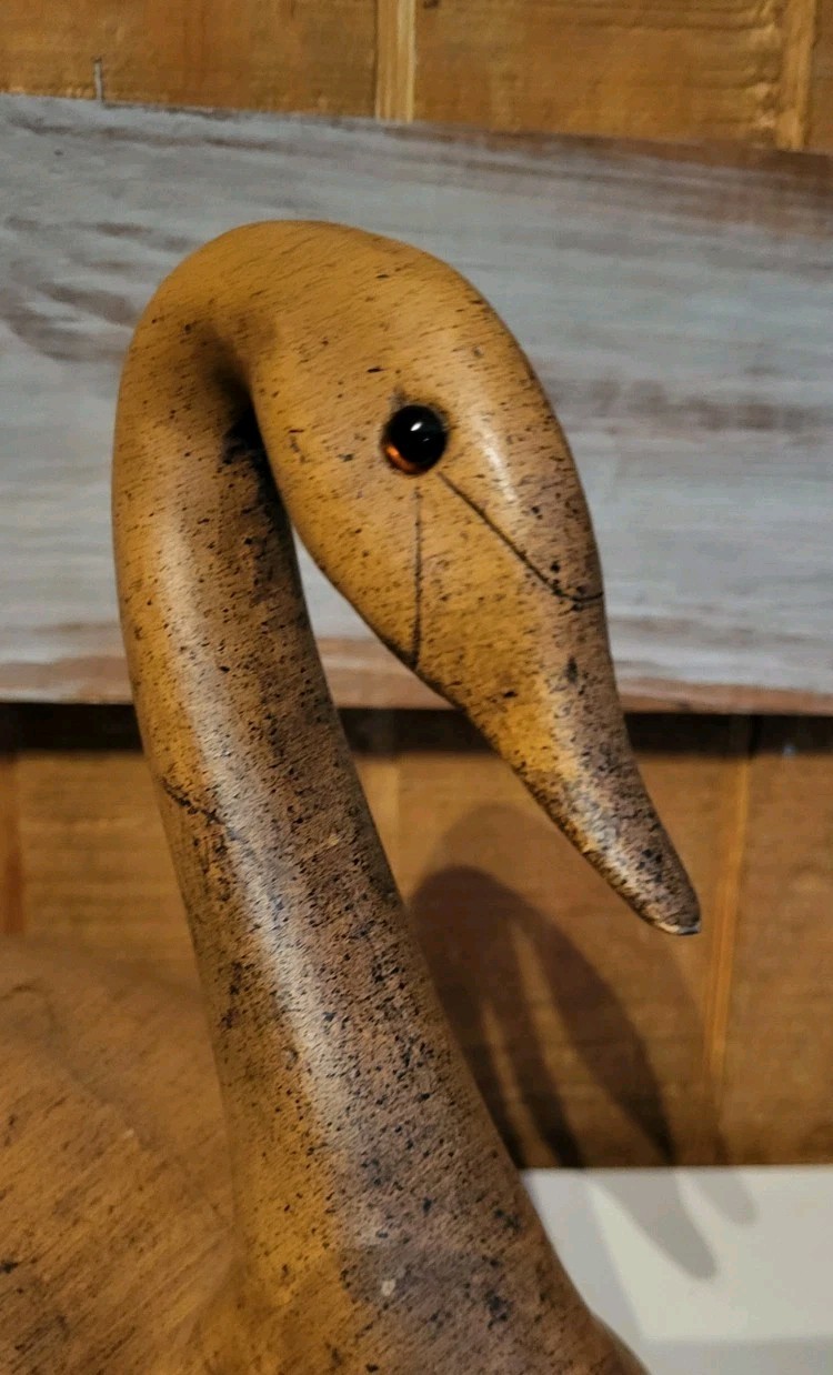 Vtg 22″ Solid Wood Large Hand Carved Wooden Longneck Swan Realistic Eyes MCM
