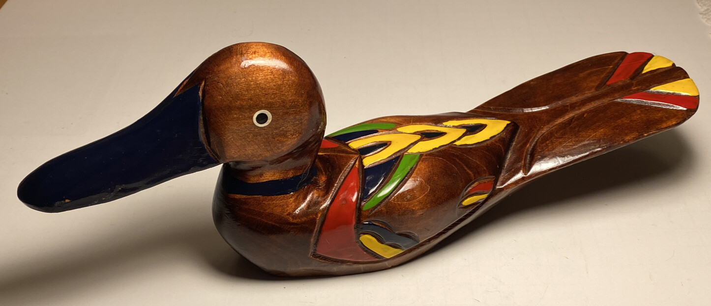 Vintage 1971 Italy 3-15 Hand Carved Solid Wood Duck 13” X 3” X 4.5”