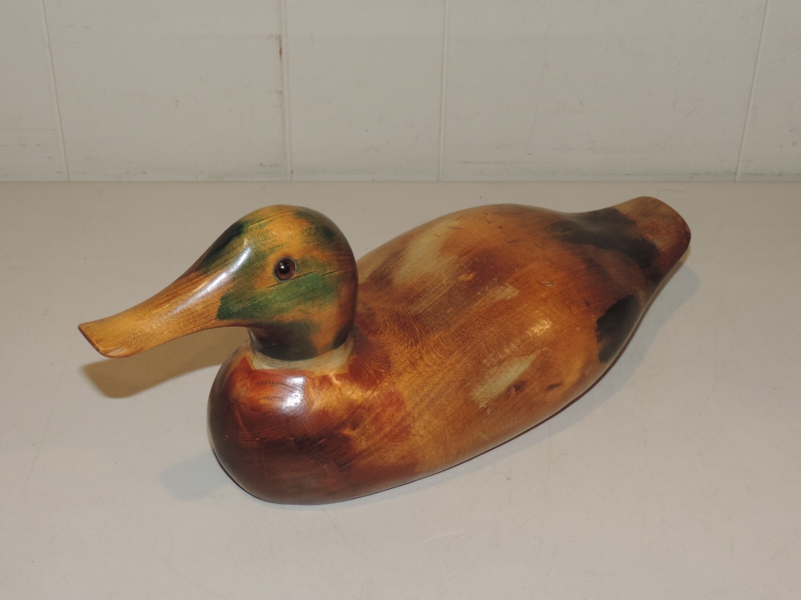 RON FISHER CARVED WOODEN DUCK MALLARD, SIGNED & DATED 1980 14 1/4″L 6 1/4″H