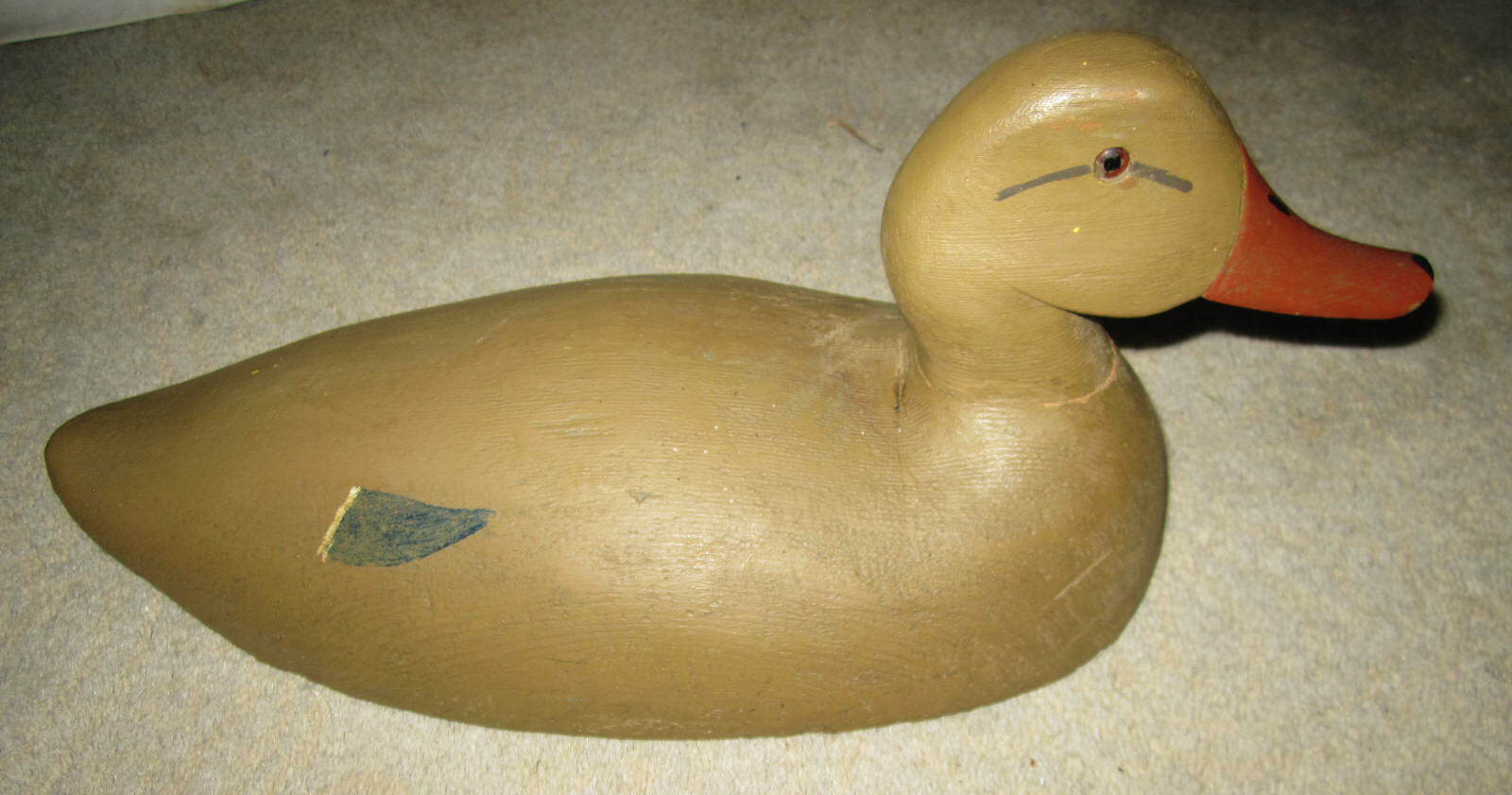 Vtg hand painted hollow wooden tan mallard hen duck decoy w glass eye, unsigned