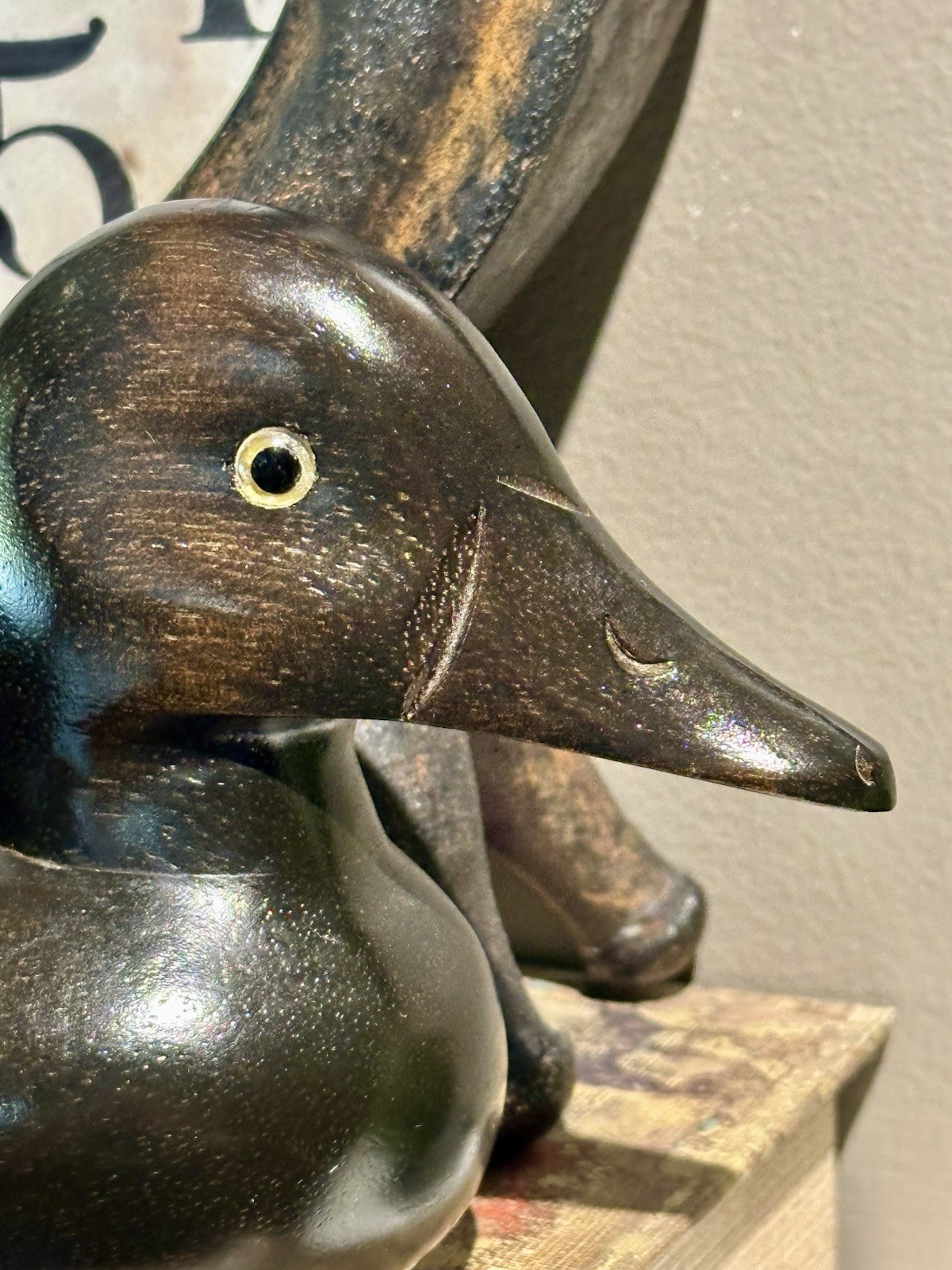 VTG Handcarved Solid Wood Mallard Duck Decoy with Glass Eyes 10″