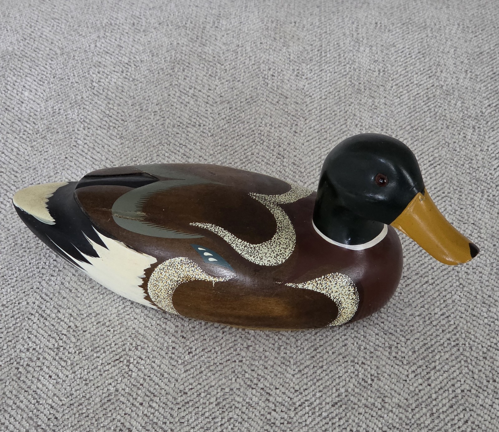 Vintage Hand Carved Painted Wooden Mallard Duck Decoy Home Decor Glass Eyes 10”