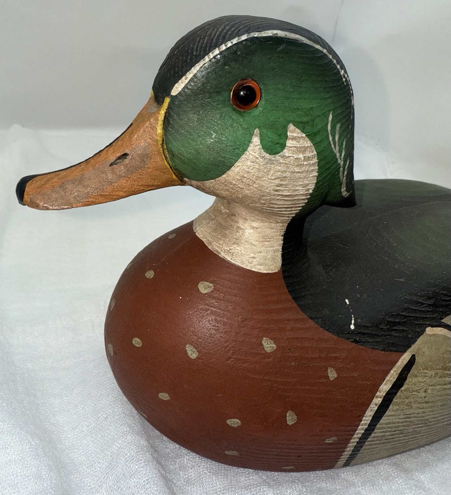 Vintage Wood Duck Drake Hand Painted Signed by Artist 3-25-83 Glass Eyes