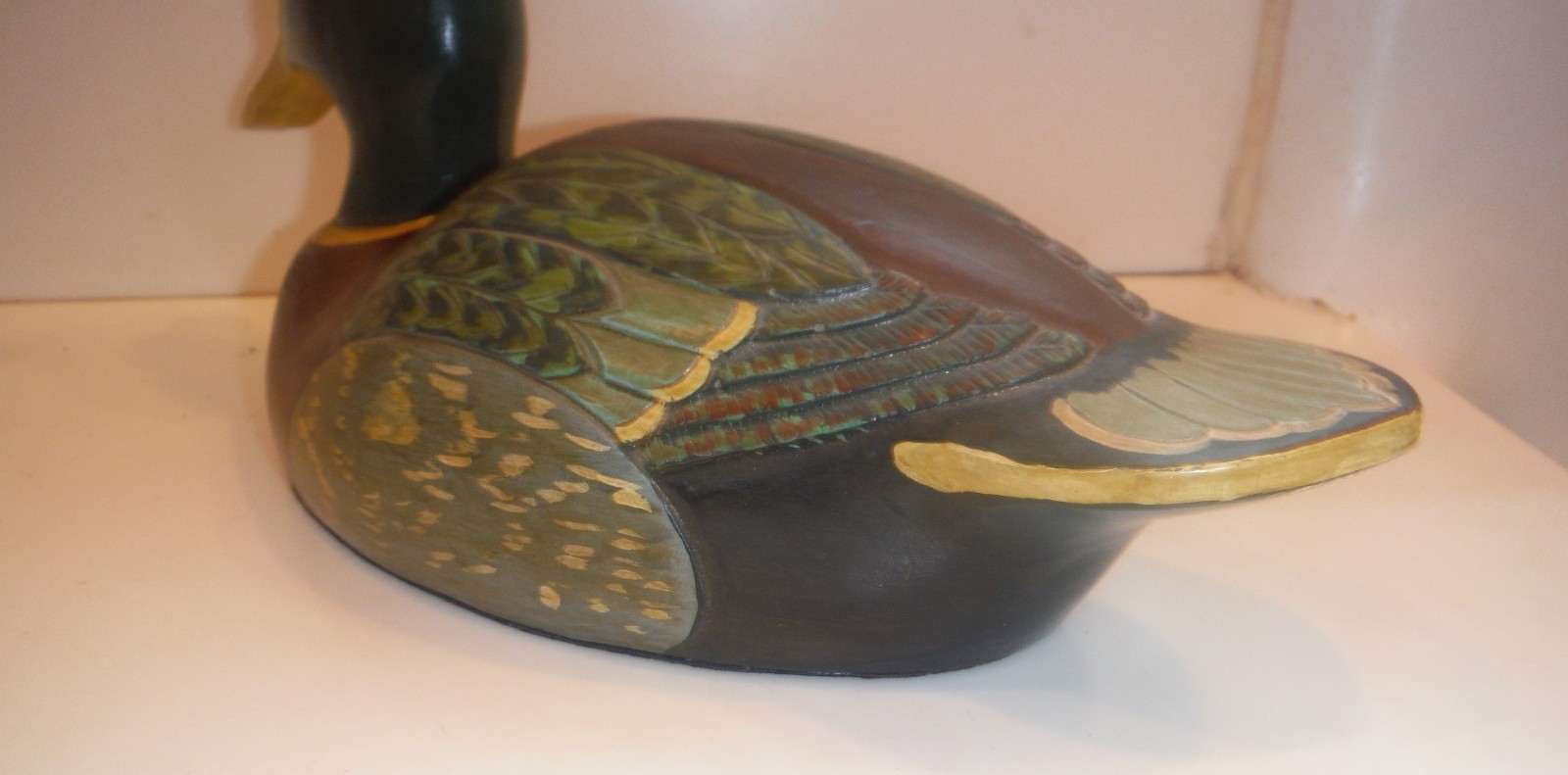 VINTAGE HAND CARVED 15″ WOOD DUCK DECOY w/GLASS EYES SIGNED, DATED 1981 SHIPMAN