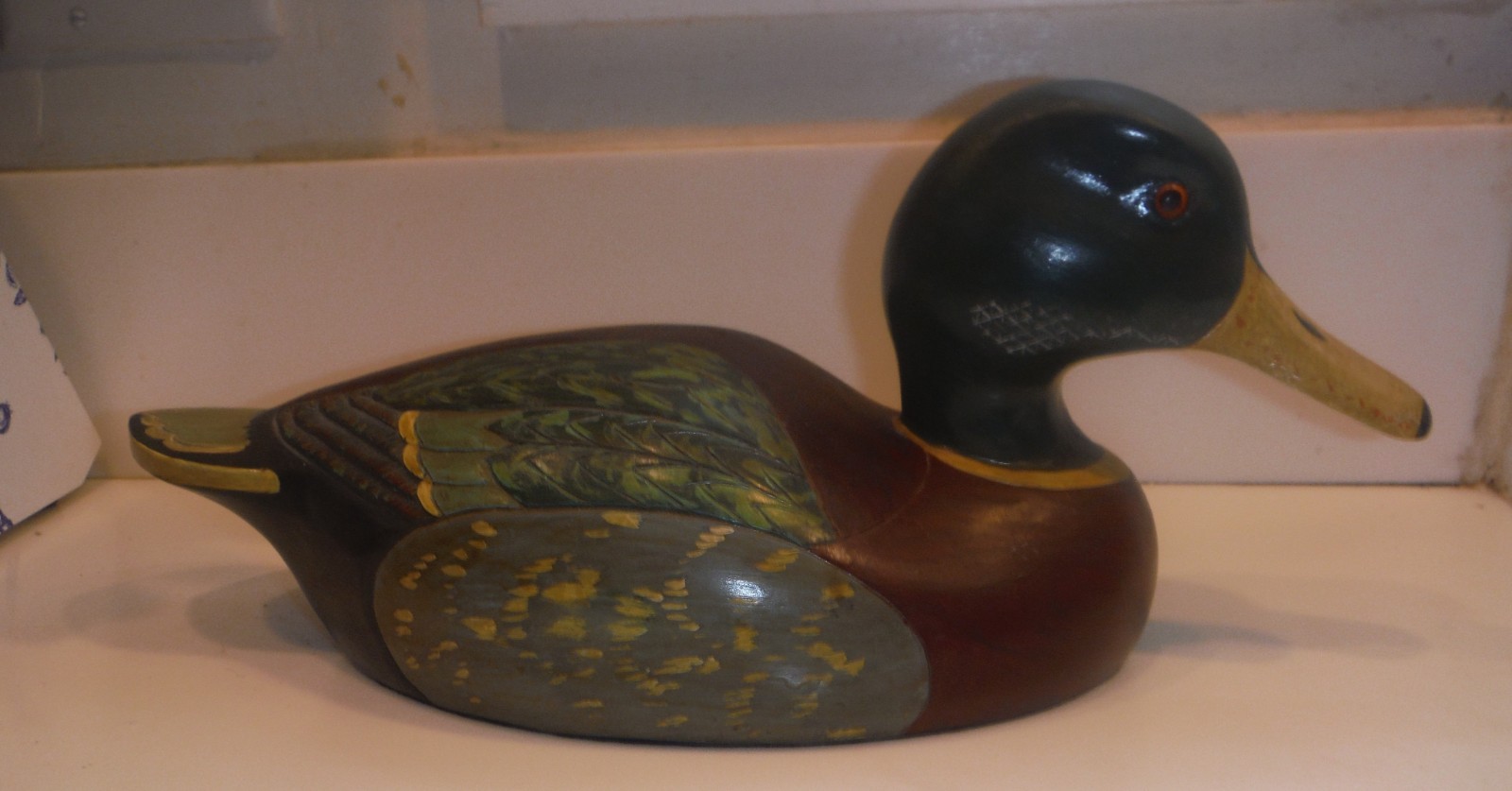 VINTAGE HAND CARVED 15″ WOOD DUCK DECOY w/GLASS EYES SIGNED, DATED 1981 SHIPMAN