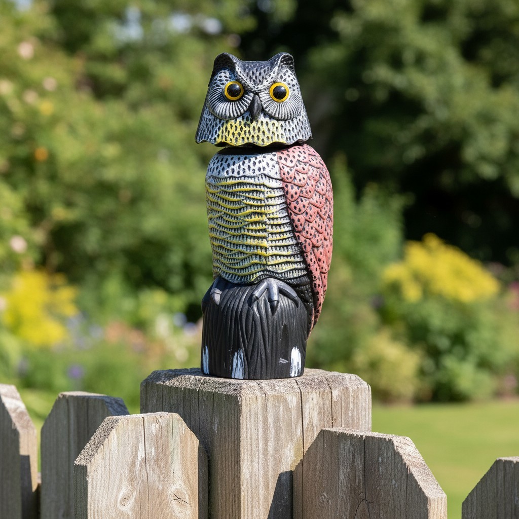 Realistic Waterproof Owl Decoy with Rotating Head – 16.5″ Bird Scarecrow