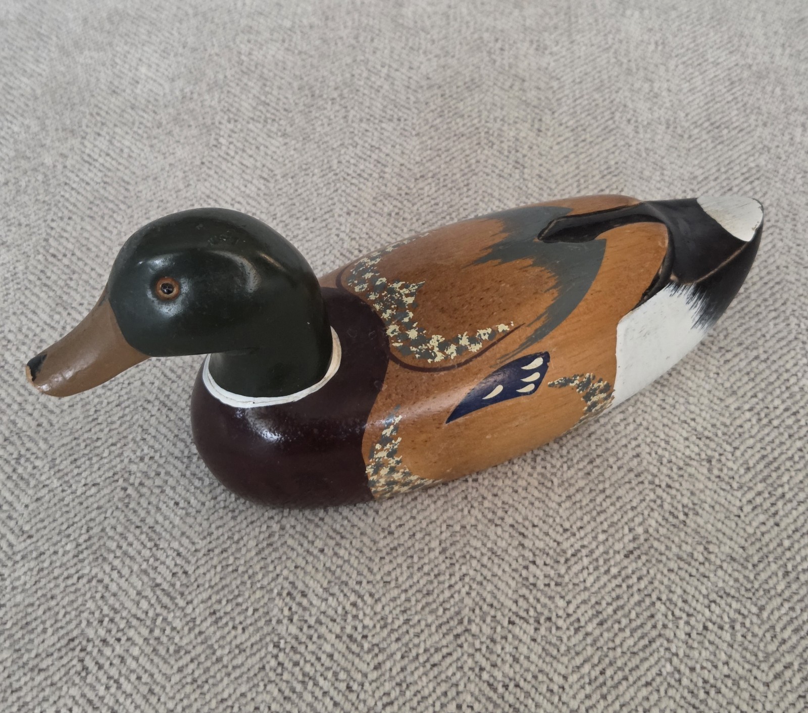 Vintage Hand Carved Painted Wooden Mallard Duck Decoy Home Decor Glass Eyes 10”