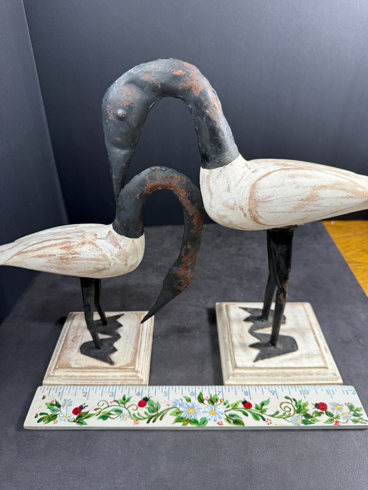 Hand Carved Wooden Shorebirds / Canadian Geese W/ Metal Accents Set of 3 White