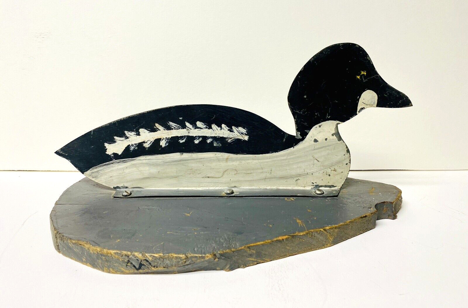 Vintage Goldeneye Duck Decoy Metal Cut Out on Wood Float Base, Unsigned