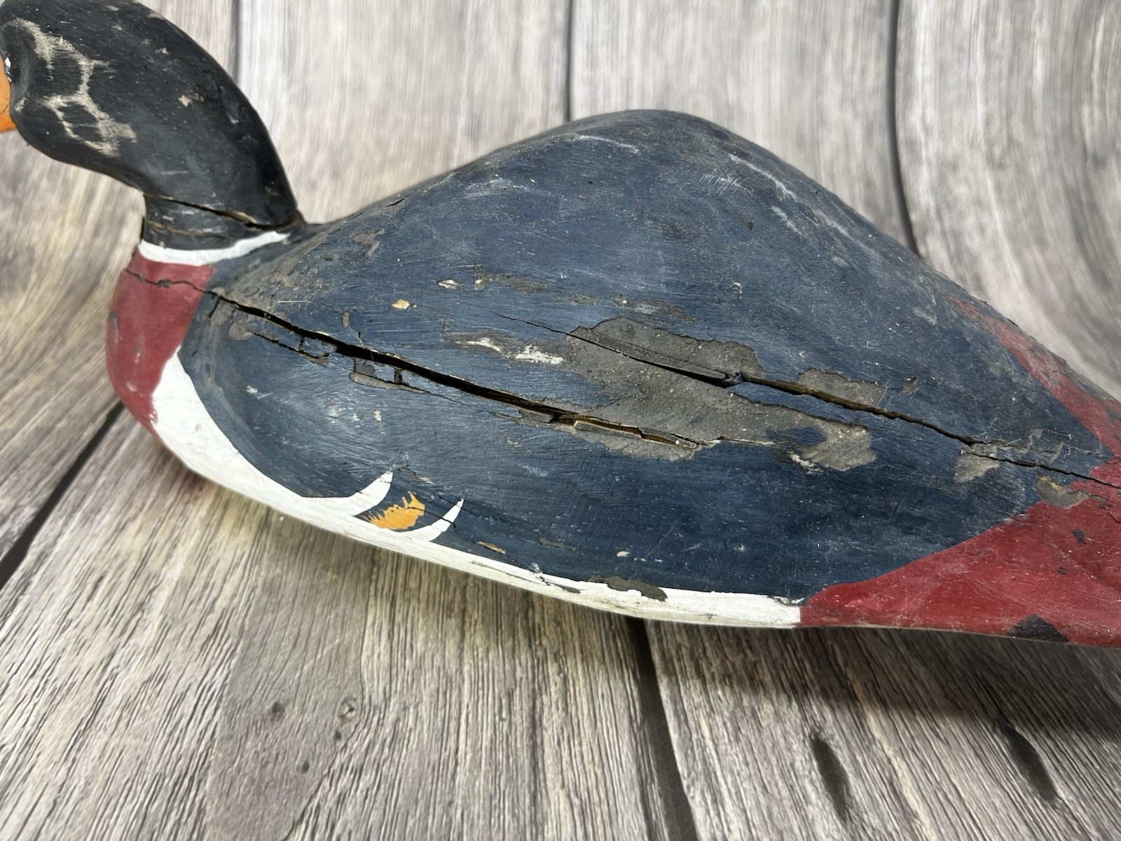 Folk Art Hand Painted Wood Duck Decoy VTG has age and chipped Paint