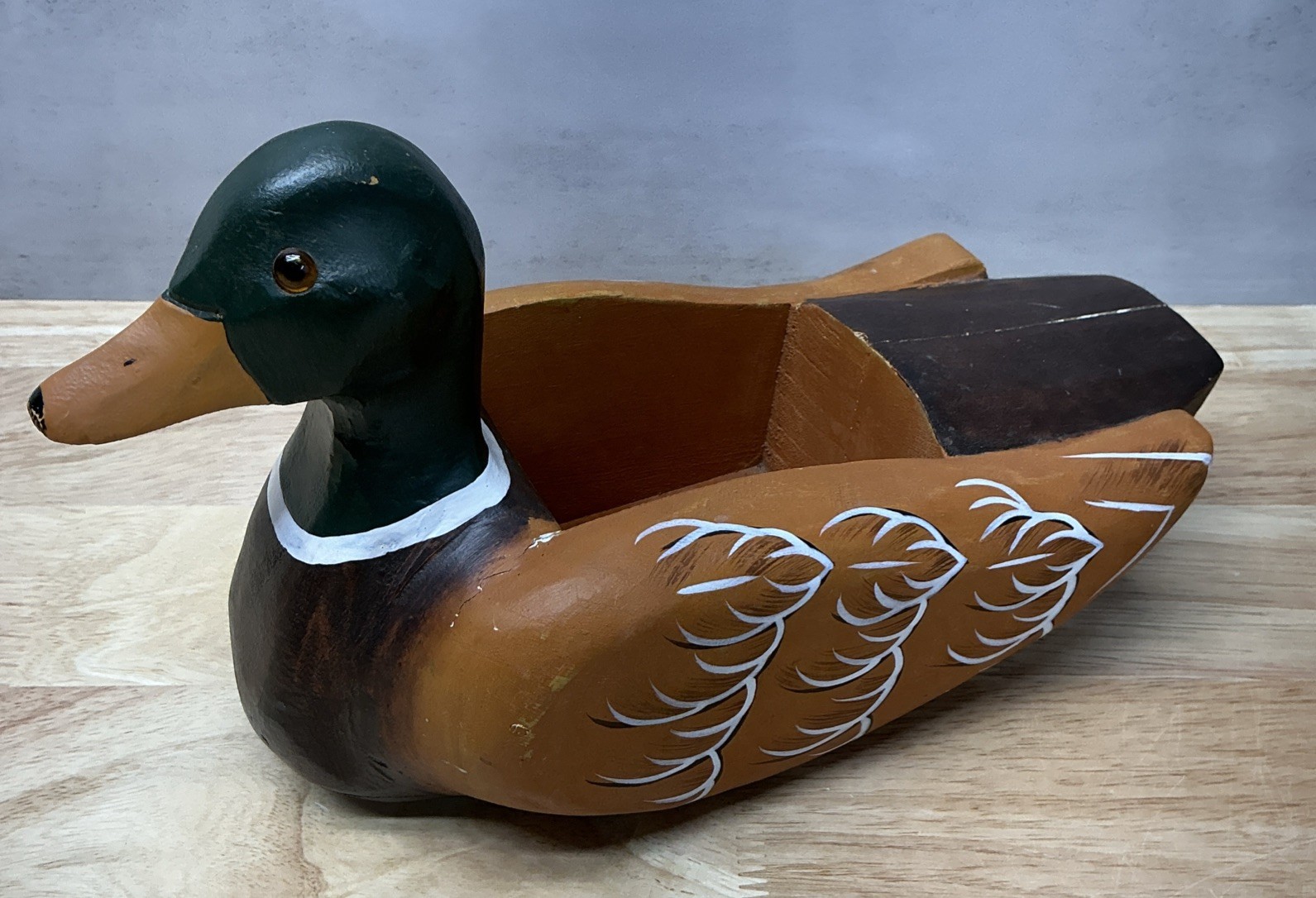 Vintage Hand Made Painted Wood Duck Mallard Glass Eyes Decoy Trinket Box, 11.75”