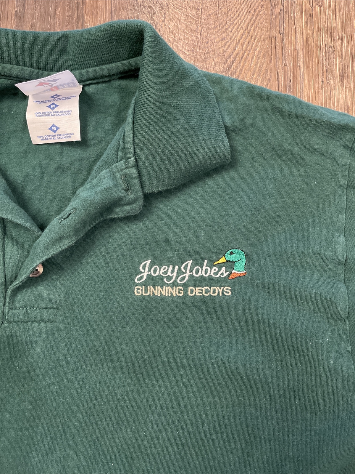 Vintage Joey Jobes Gunning Decoys Duck Hunting Polo Shirt Mens Medium Green Euc
