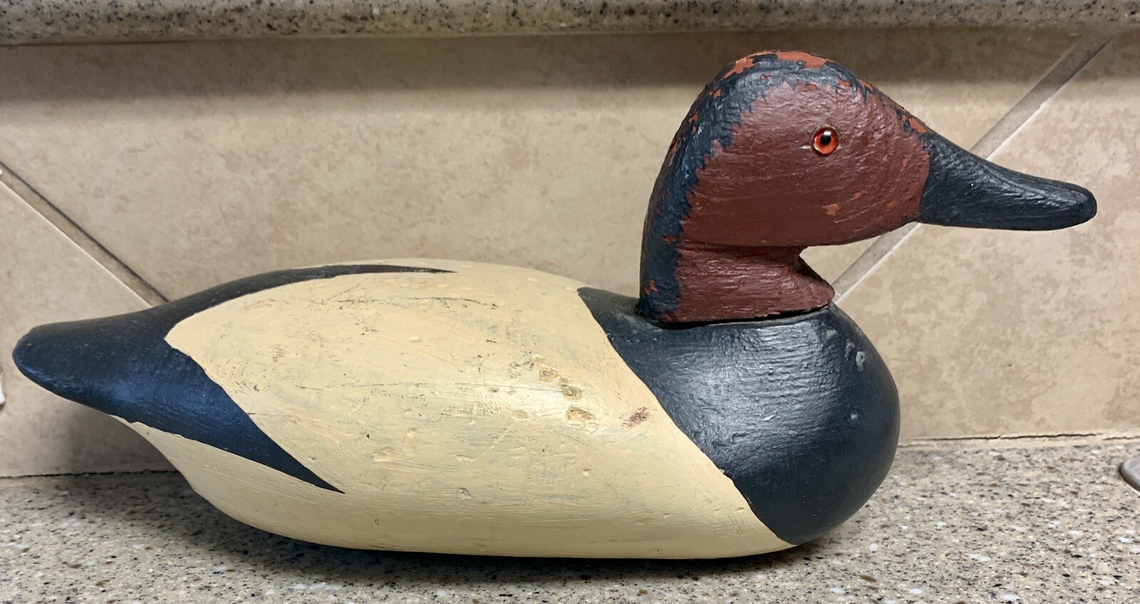 Antique Hand Carved Wood Wooden Duck Decoy Glass Eye 15” x 5 1/2” Weighted