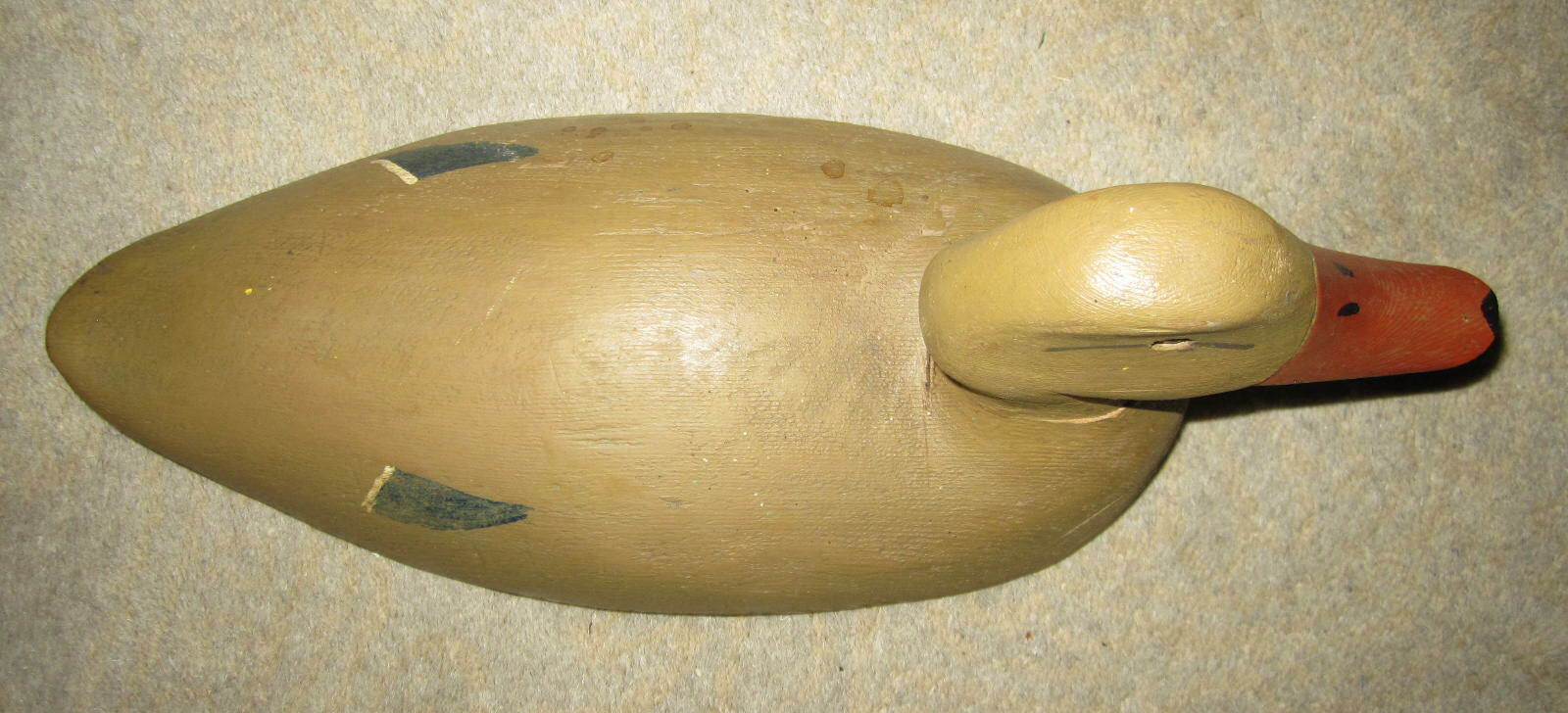 Vtg hand painted hollow wooden tan mallard hen duck decoy w glass eye, unsigned