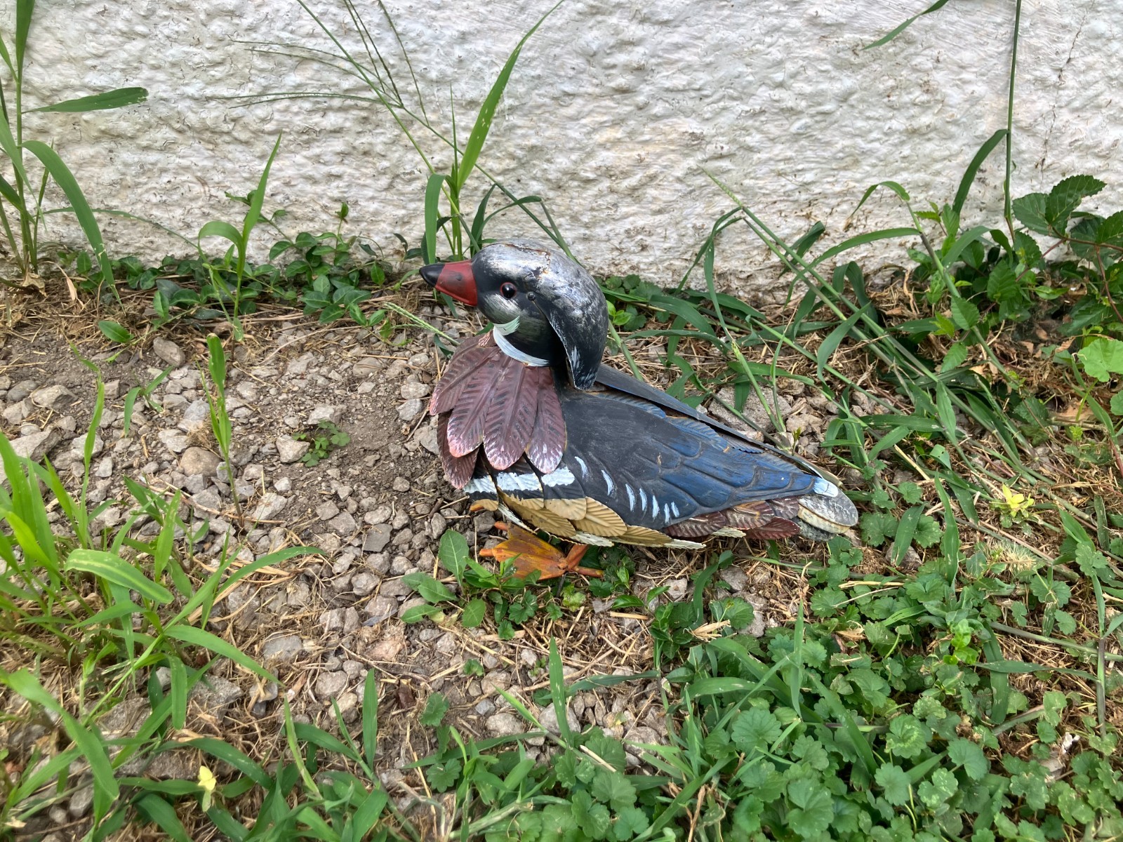 Vintage Metal Duck Decoy Male Mandarin Metal Wings 11 in tall Primitive Rare!