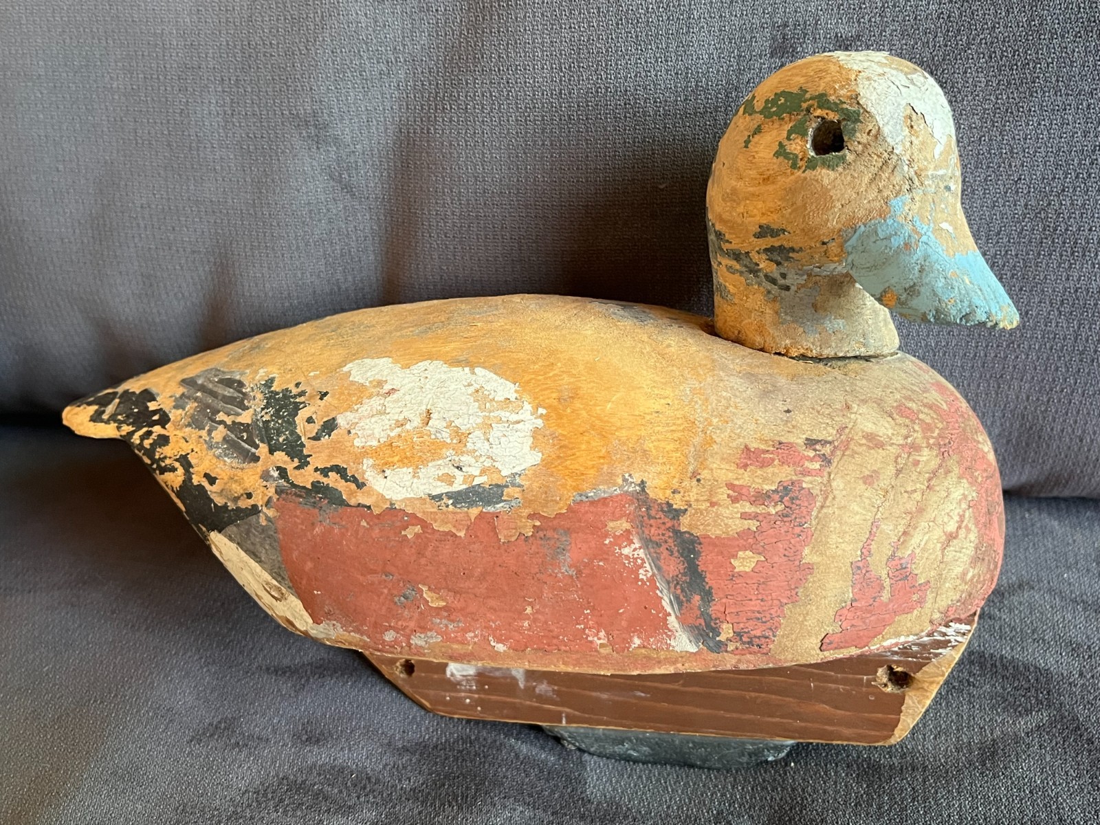Vintage HAND CARVED WOODEN DUCK DECOY Primitive Folk Art 12″ Long, Lead Weight