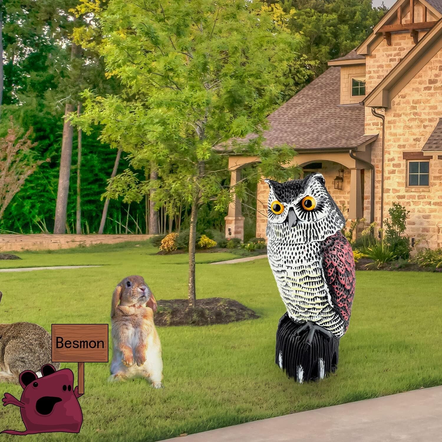 Realistic Plastic Owl Decoy with Rotating Head for Bird Deterrent in Gardens